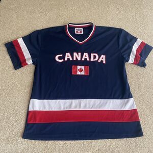 Canada Hockey Jersey Men XL Navy Blue Striped Snowcap V Neck Pullover Shirt